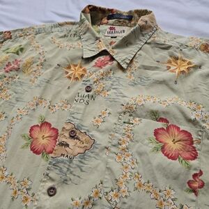Tommy Hilfiger Hawaiian Islands Floral Button Up Shirt XL Green Tropical Aloha